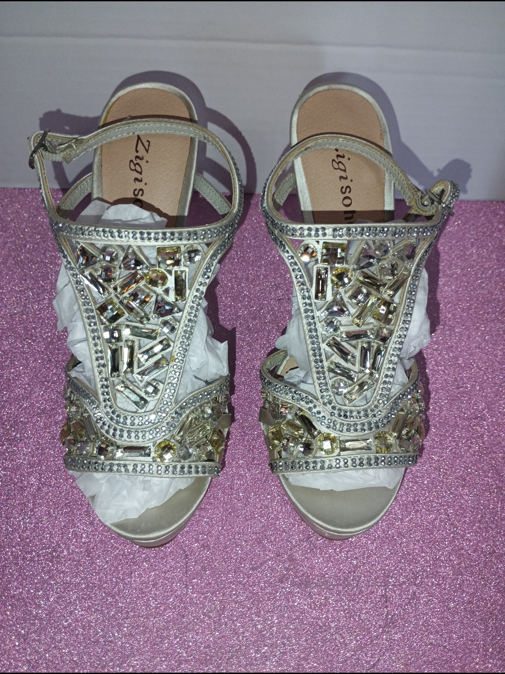 Zigi Soho Gold Jeweled T-Strap Heels